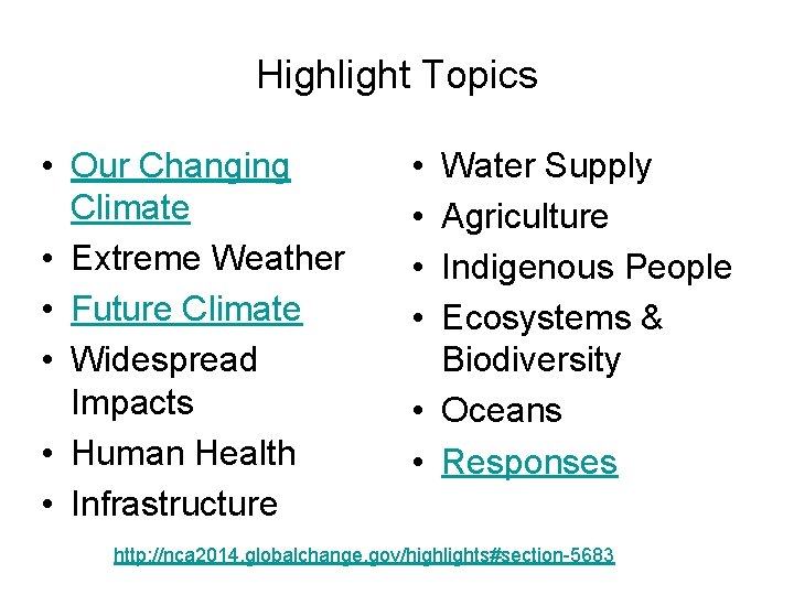 Highlight Topics • Our Changing Climate • Extreme Weather • Future Climate • Widespread