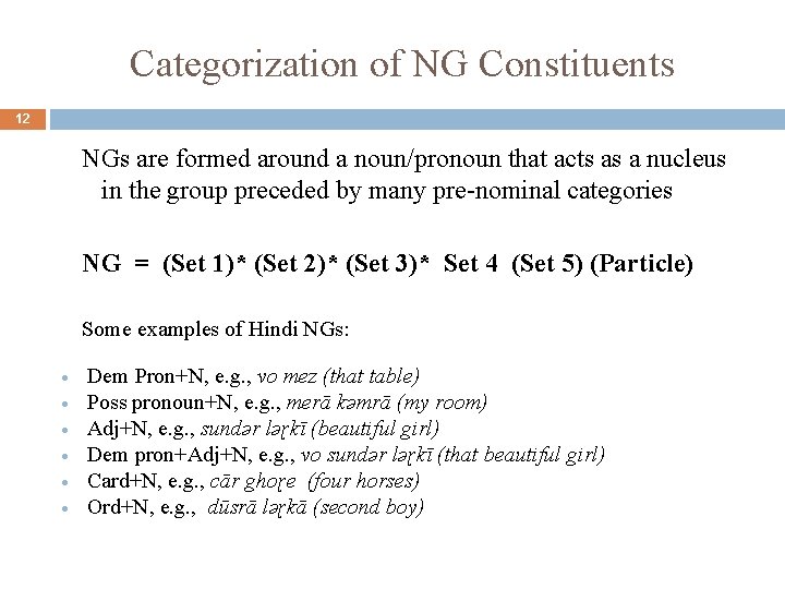 Categorization of NG Constituents 12 NGs are formed around a noun/pronoun that acts as