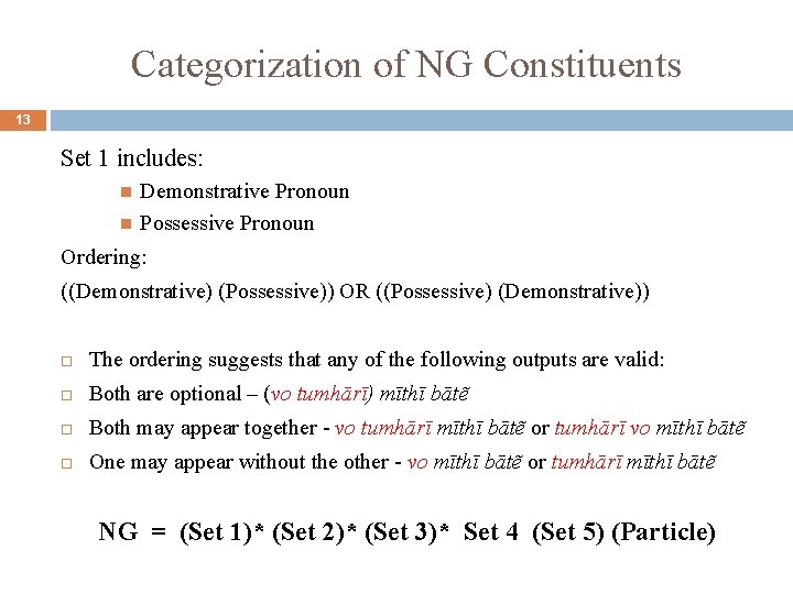 Categorization of NG Constituents 13 Set 1 includes: Demonstrative Pronoun Possessive Pronoun Ordering: ((Demonstrative)