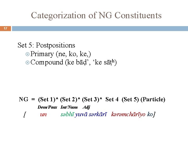 Categorization of NG Constituents 17 Set 5: Postpositions Primary (ne, ko, ke, ) Compound