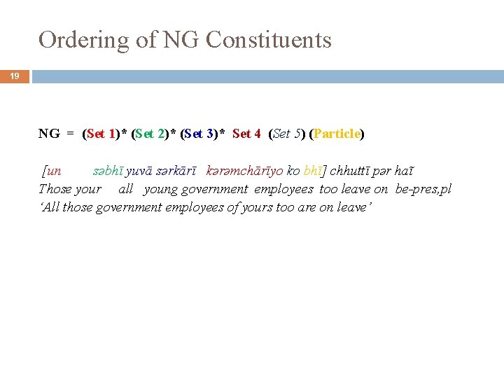 Ordering of NG Constituents 19 NG = (Set 1)* (Set 2)* (Set 3)* Set