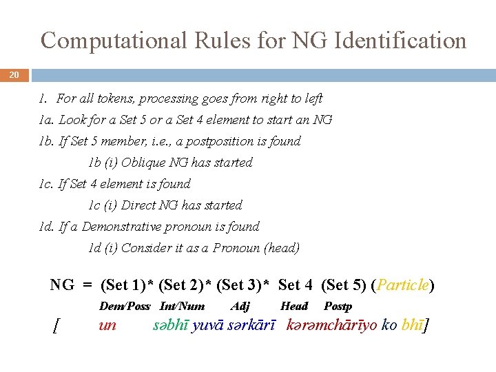 Computational Rules for NG Identification 20 1. For all tokens, processing goes from right