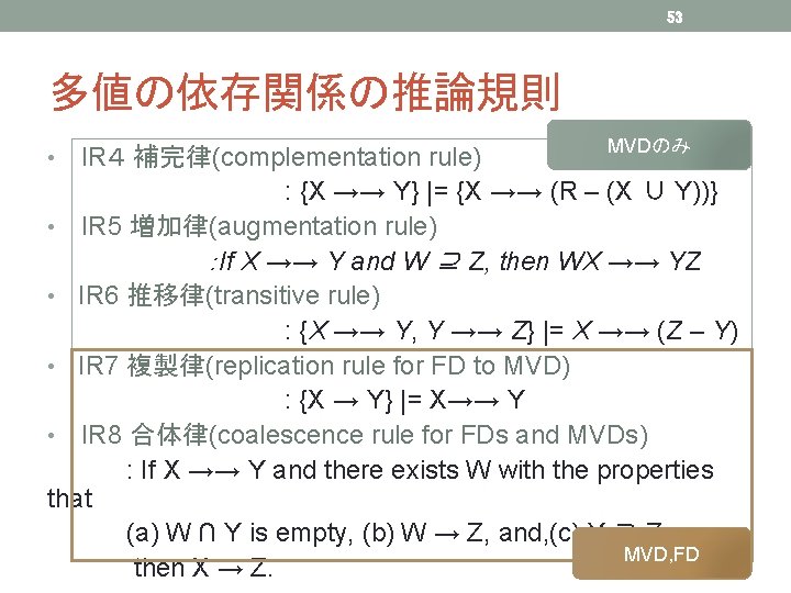 53 多値の依存関係の推論規則 MVDのみ IR４ 補完律(complementation rule) : {X →→ Y} |= {X →→ (R