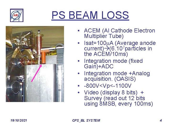 PS BEAM LOSS • ACEM (Al Cathode Electron Multiplier Tube) • Isat=100 m. A