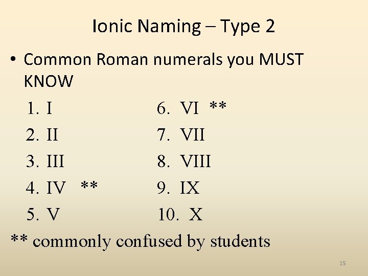 Ionic Naming – Type 2 • Common Roman numerals you MUST KNOW 1. I