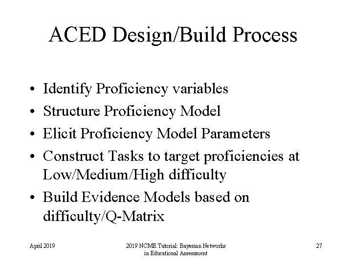 ACED Design/Build Process • • Identify Proficiency variables Structure Proficiency Model Elicit Proficiency Model