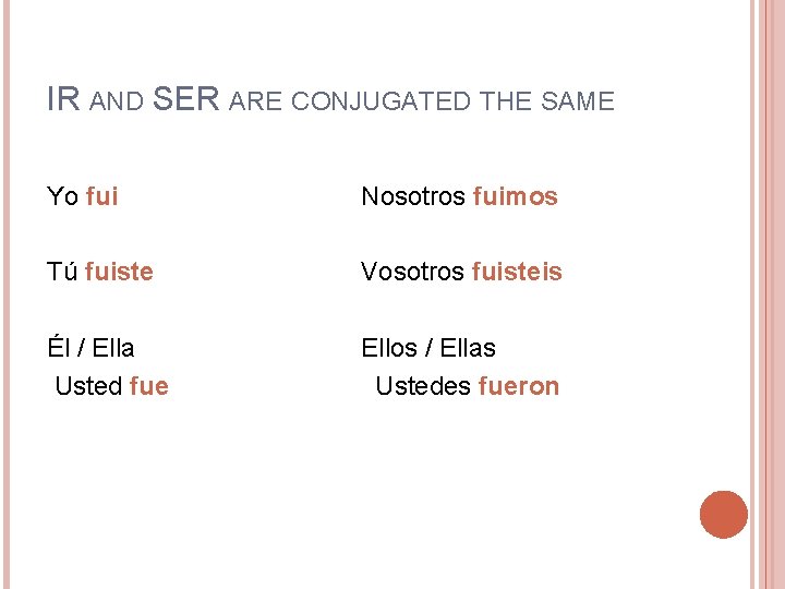 IR AND SER ARE CONJUGATED THE SAME Yo fui Nosotros fuimos Tú fuiste Vosotros