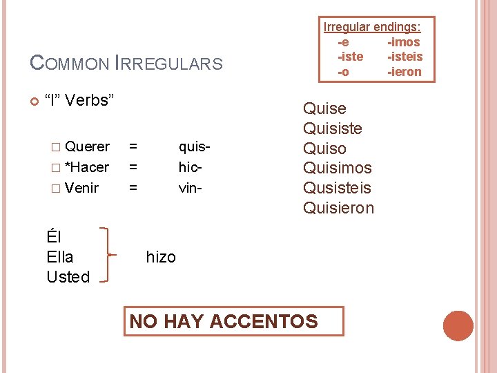 Irregular endings: -e -imos -isteis -o -ieron COMMON IRREGULARS “I” Verbs” � Querer �