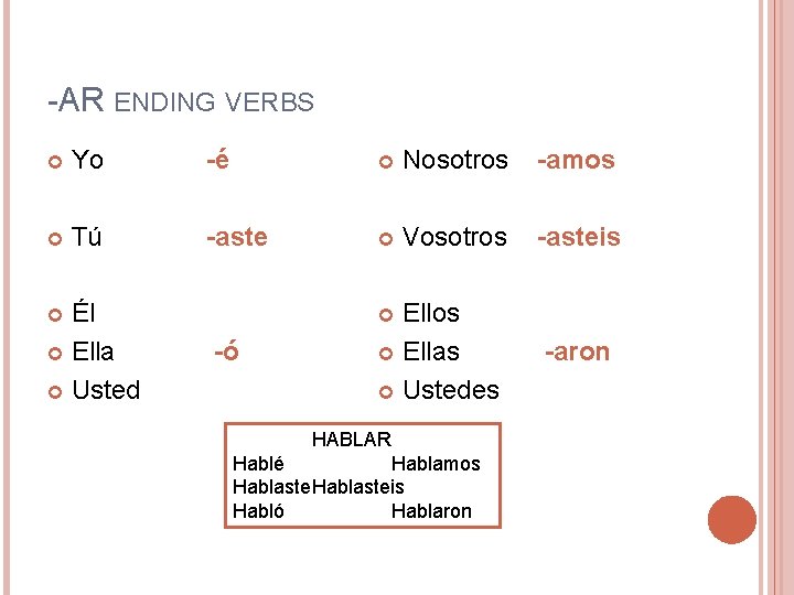 -AR ENDING VERBS Yo -é Nosotros -amos Tú -aste Vosotros -asteis Él Ella Usted