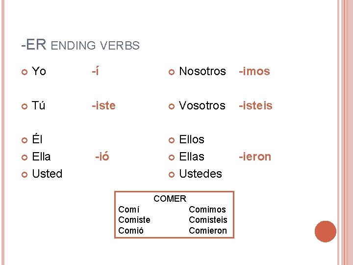 -ER ENDING VERBS Yo -í Nosotros -imos Tú -iste Vosotros -isteis Ellos Ellas Ustedes