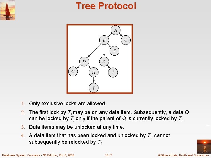 Tree Protocol 1. Only exclusive locks are allowed. 2. The first lock by Ti