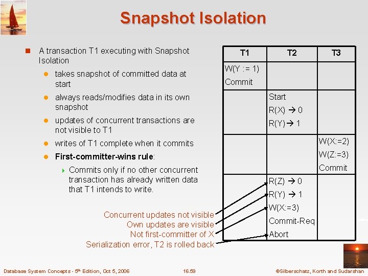 Snapshot Isolation n A transaction T 1 executing with Snapshot Isolation T 1 T