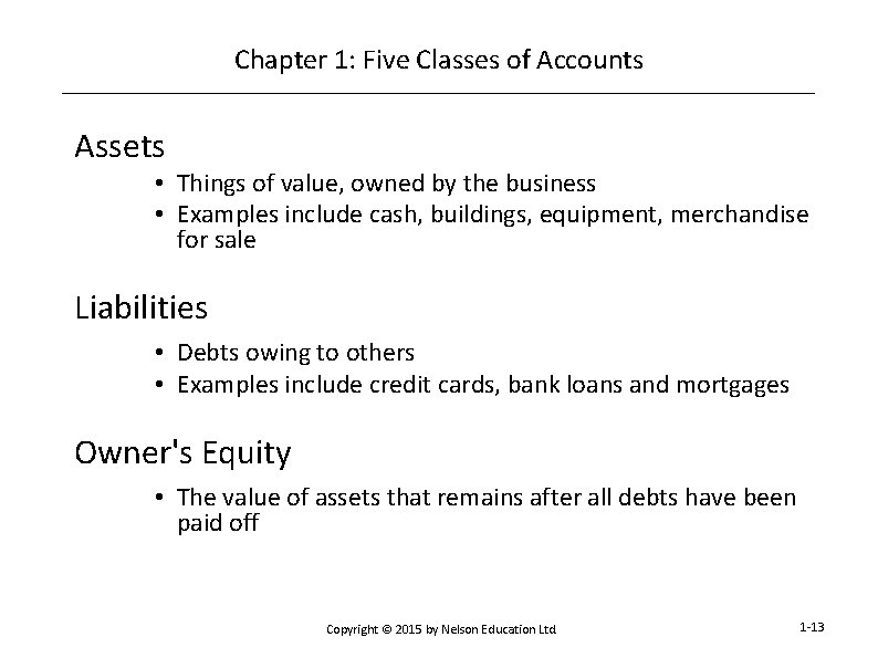 Chapter 1: Five Classes of Accounts Assets • Things of value, owned by the
