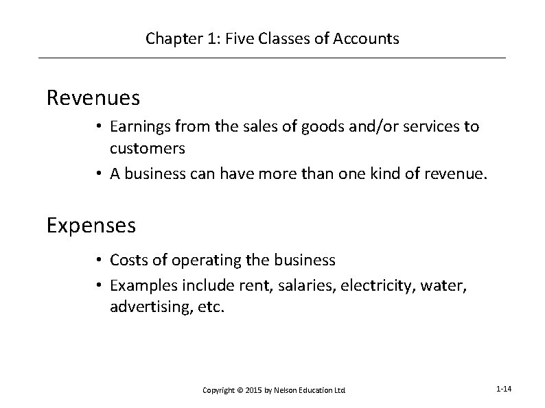Chapter 1: Five Classes of Accounts Revenues • Earnings from the sales of goods