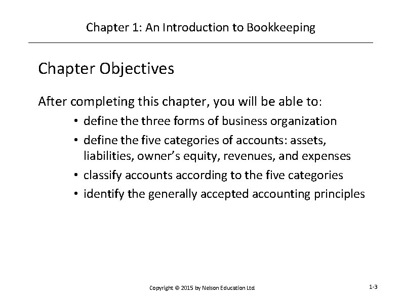 Chapter 1: An Introduction to Bookkeeping Chapter Objectives After completing this chapter, you will