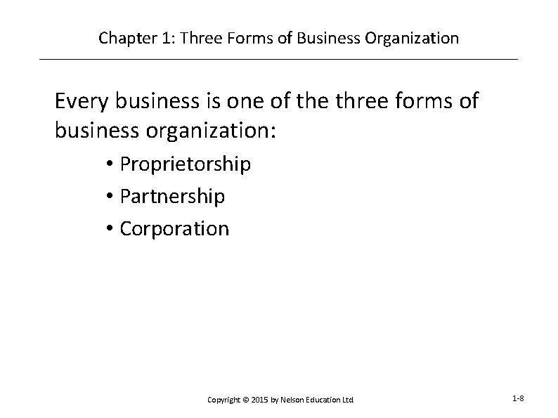 Chapter 1: Three Forms of Business Organization Every business is one of the three