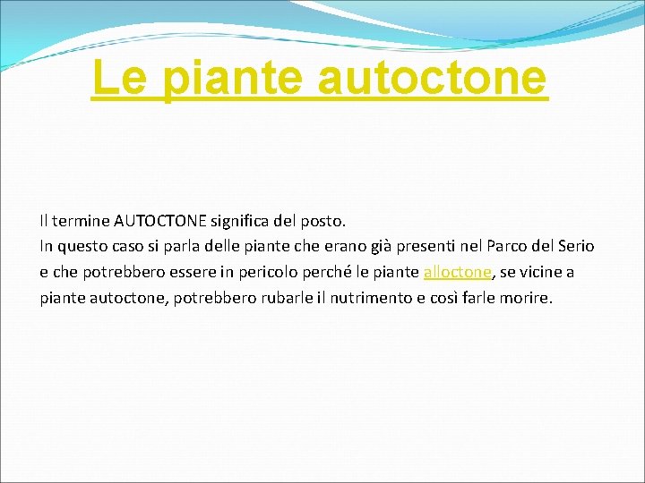 Le piante autoctone Il termine AUTOCTONE significa del posto. In questo caso si parla