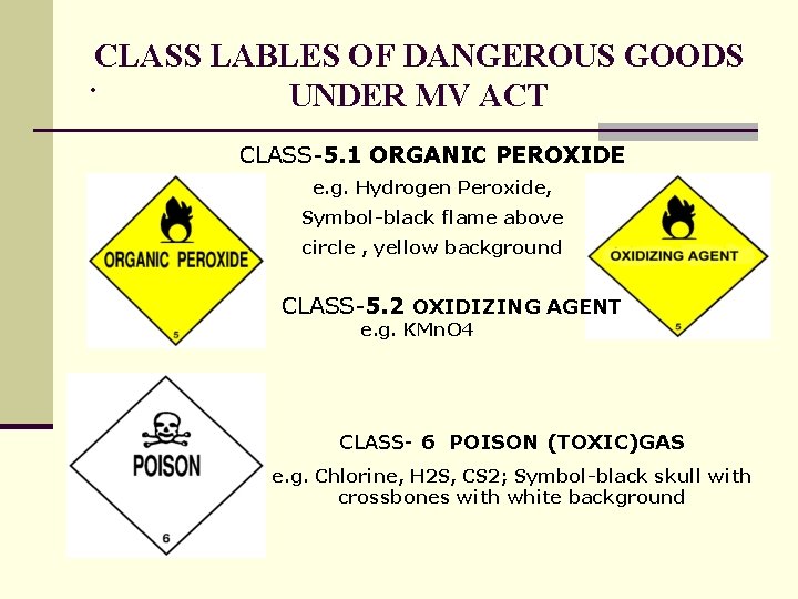 CLASS LABLES OF DANGEROUS GOODS. UNDER MV ACT CLASS-5. 1 ORGANIC PEROXIDE e. g.