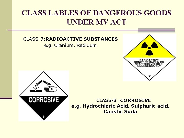 . CLASS LABLES OF DANGEROUS GOODS UNDER MV ACT CLASS-7: RADIOACTIVE SUBSTANCES e. g.