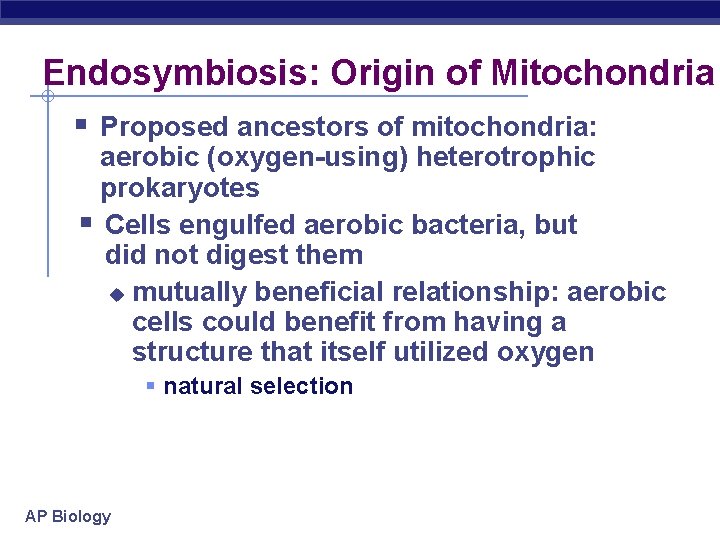 Endosymbiosis: Origin of Mitochondria § Proposed ancestors of mitochondria: aerobic (oxygen-using) heterotrophic prokaryotes §