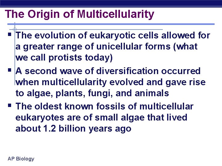 The Origin of Multicellularity § The evolution of eukaryotic cells allowed for § §