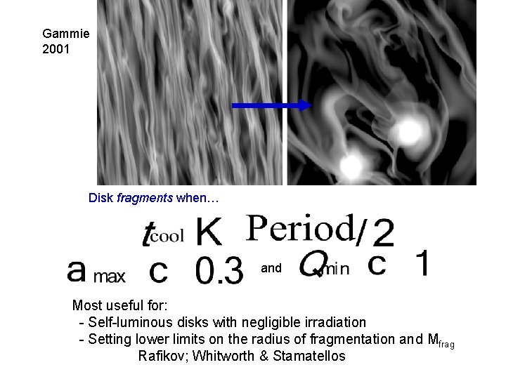 Gammie 2001 Disk fragments when… and Most useful for: - Self-luminous disks with negligible