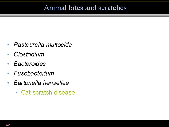 Animal bites and scratches • Pasteurella multocida • Clostridium • Bacteroides • Fusobacterium •