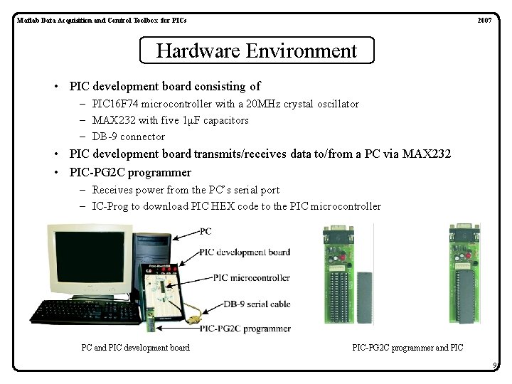 Matlab Data Acquisition and Control Toolbox for PICs 2007 Hardware Environment • PIC development Matlab Data Acquisition and Control Toolbox for PICs 2007 Hardware Environment • PIC development