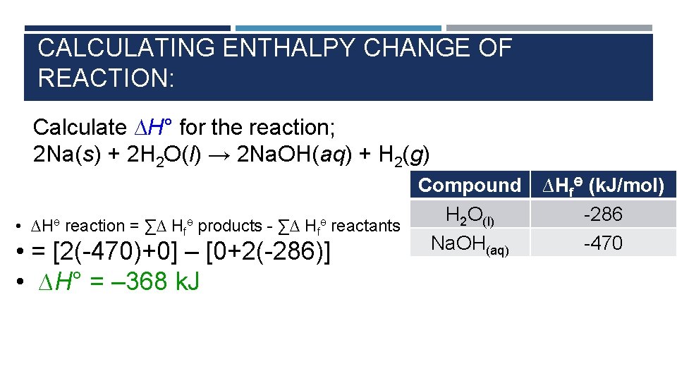 CALCULATING ENTHALPY CHANGE OF REACTION: Calculate ∆H° for the reaction; 2 Na(s) + 2 CALCULATING ENTHALPY CHANGE OF REACTION: Calculate ∆H° for the reaction; 2 Na(s) + 2