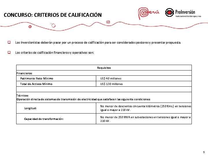 CONCURSO: CRITERIOS DE CALIFICACIÓN q Los inversionistas deberán pasar por un proceso de calificación