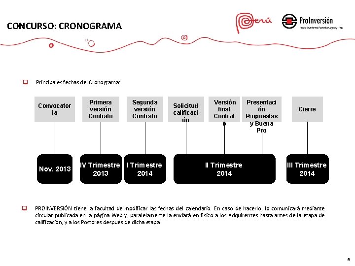 CONCURSO: CRONOGRAMA q Principales fechas del Cronograma: Convocator ia Nov. 2013 q Primera versión