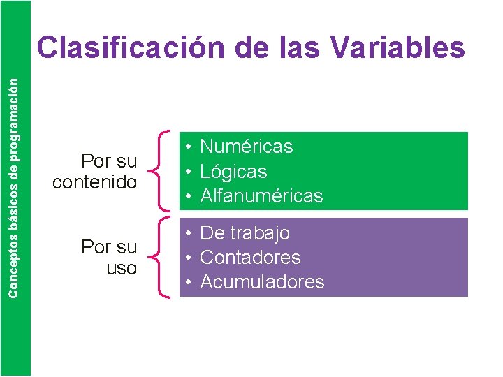 Conceptos básicos de programación Clasificación de las Variables Por su contenido • Numéricas •