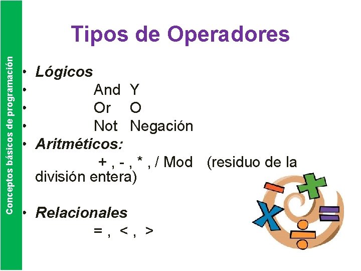 Conceptos básicos de programación Tipos de Operadores • Lógicos • And Y • Or