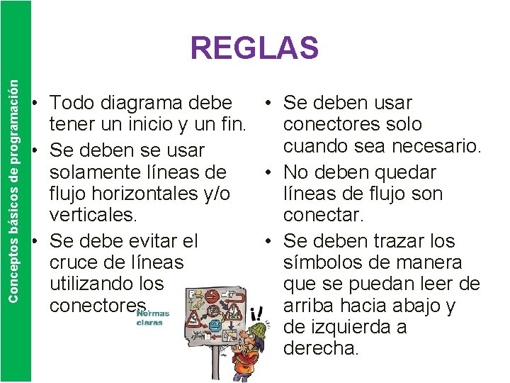 Conceptos básicos de programación REGLAS • Todo diagrama debe • Se deben usar tener