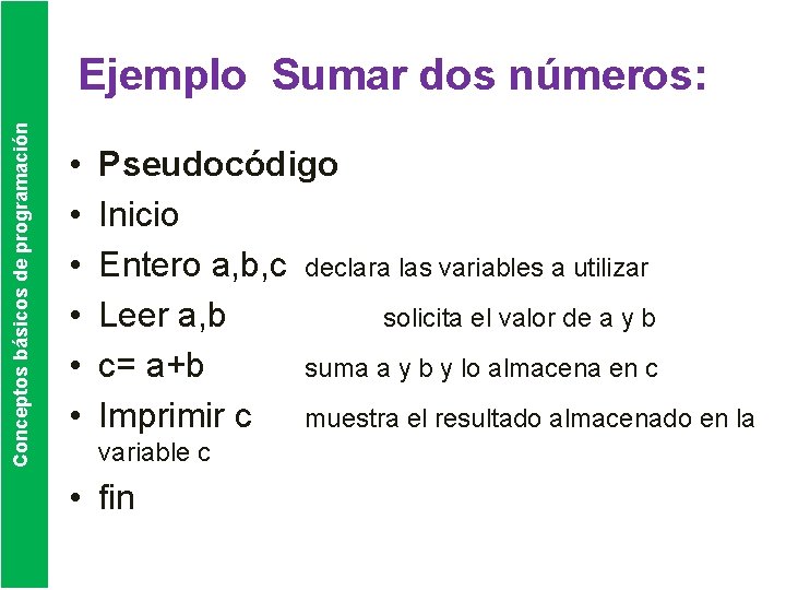 Conceptos básicos de programación Ejemplo Sumar dos números: • • • Pseudocódigo Inicio Entero