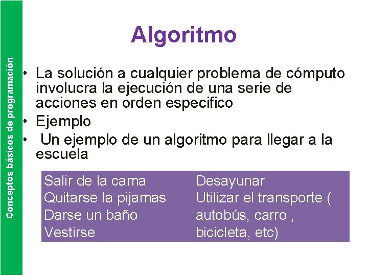 Conceptos básicos de programación Algoritmo • La solución a cualquier problema de cómputo involucra