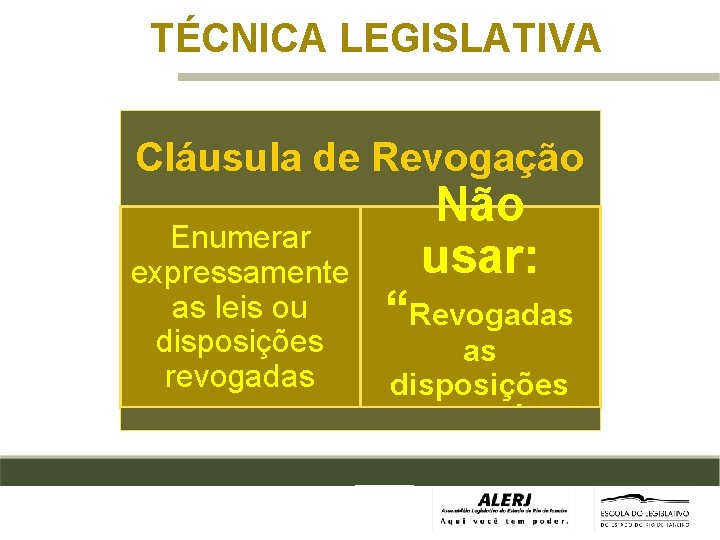 TÉCNICA LEGISLATIVA Cláusula de Revogação Enumerar expressamente as leis ou disposições revogadas Não usar: