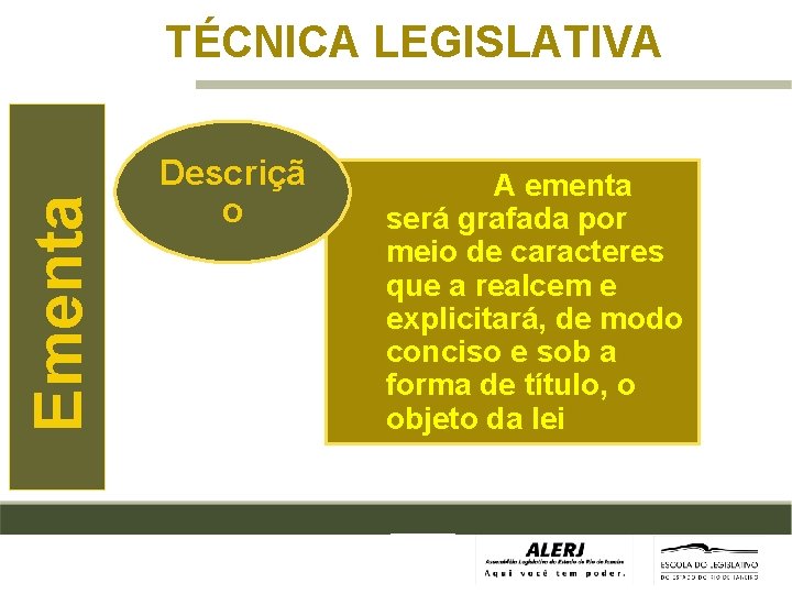 Ementa TÉCNICA LEGISLATIVA Descriçã o A ementa será grafada por meio de caracteres que