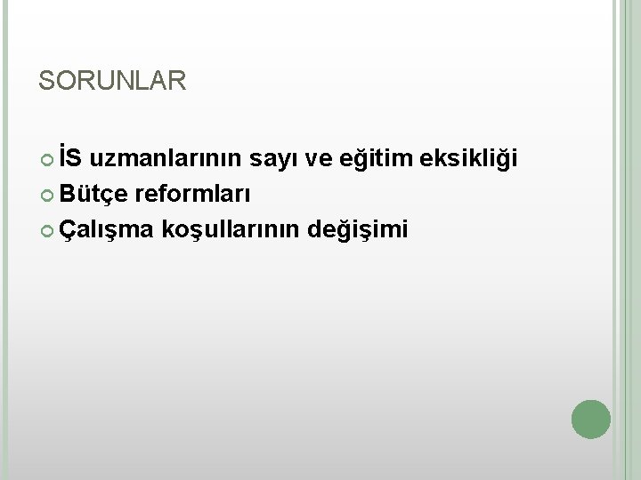 SORUNLAR İS uzmanlarının sayı ve eğitim eksikliği Bütçe reformları Çalışma koşullarının değişimi 