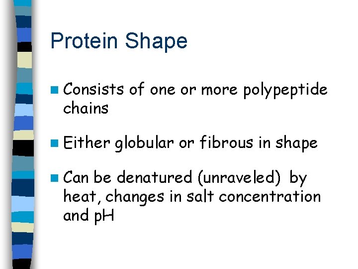 Protein Shape n Consists chains n Either n Can of one or more polypeptide