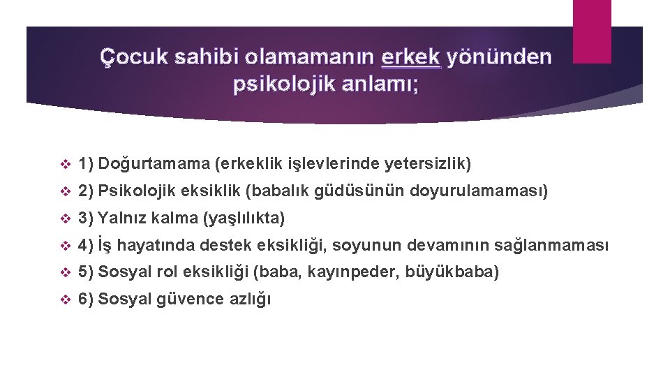 Çocuk sahibi olamamanın erkek yönünden psikolojik anlamı; v 1) Doğurtamama (erkeklik işlevlerinde yetersizlik) v