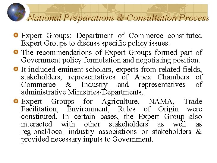 National Preparations & Consultation Process Expert Groups: Department of Commerce constituted Expert Groups to