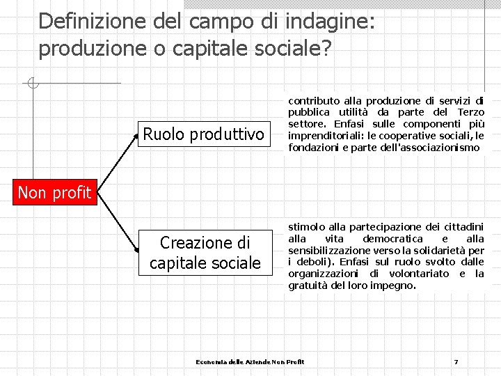 Definizione del campo di indagine: produzione o capitale sociale? Ruolo produttivo contributo alla produzione