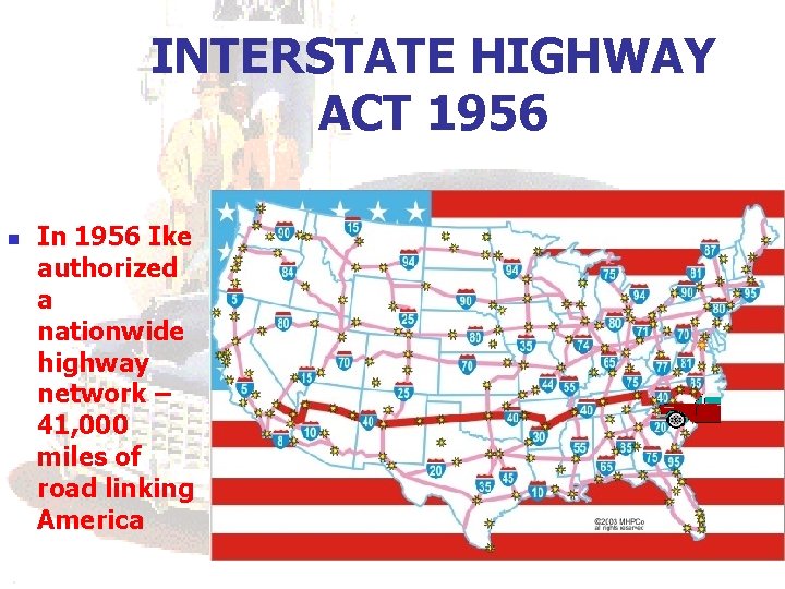 INTERSTATE HIGHWAY ACT 1956 n In 1956 Ike authorized a nationwide highway network –