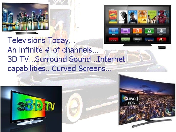 Televisions Today… An infinite # of channels… 3 D TV…Surround Sound…Internet capabilities…Curved Screens… 