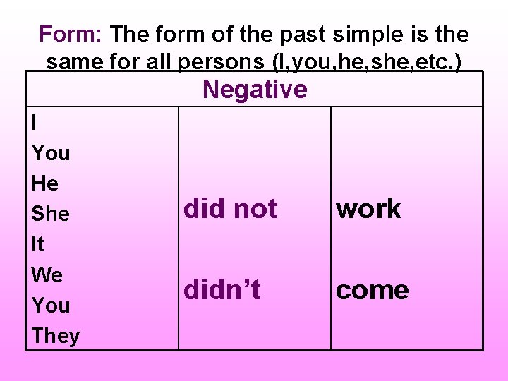 Form: The form of the past simple is the same for all persons (I,
