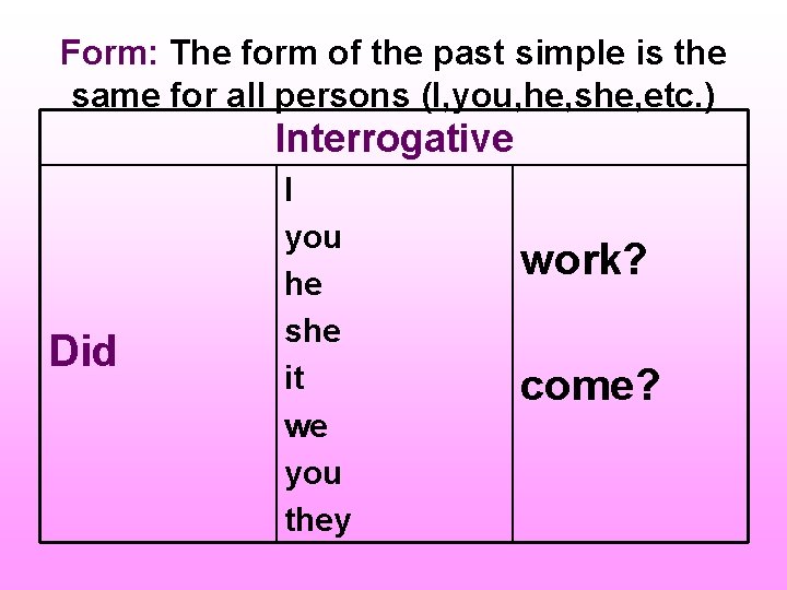 Form: The form of the past simple is the same for all persons (I,