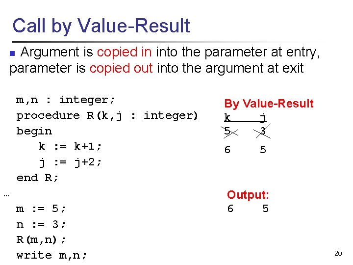 Call by Value-Result Argument is copied in into the parameter at entry, parameter is