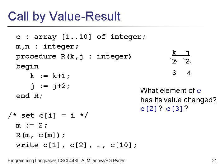 Call by Value-Result c : array [1. . 10] of integer; m, n :