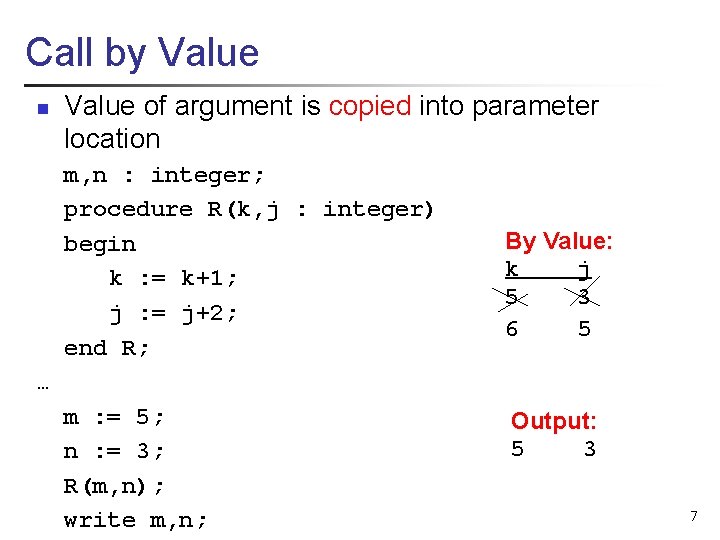 Call by Value n Value of argument is copied into parameter location m, n